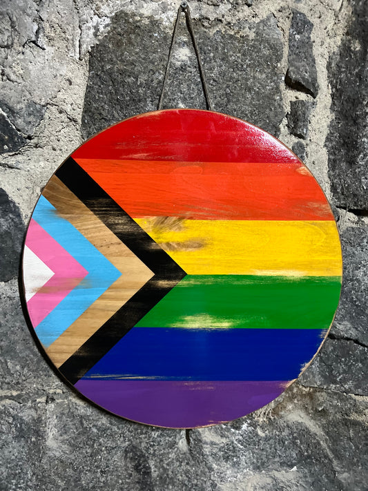 Progress Flag Welcome Sign, Jacobean stain, Pride, LGBTQ, Say Gay, Love is Love, BLM