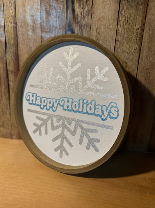 Happy Holidays round sign, glitter snowflake