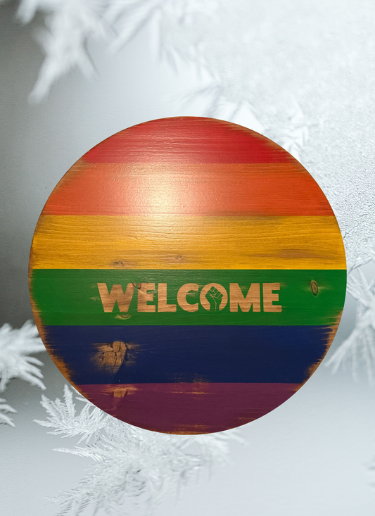 Pride Flag Welcome Sign, Jacobean stain, BLM