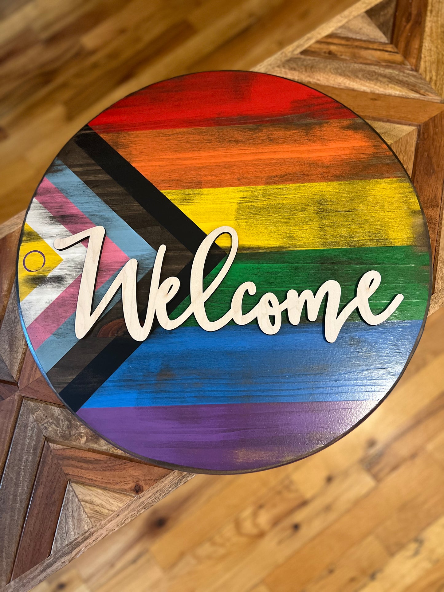 Intersex Progress Flag Welcome Sign with white wood lettering