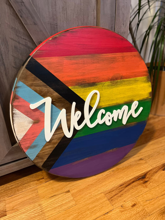 New Listing!  Progress Flag Welcome Sign with white wood lettering, Jacobean stain, Pride, LGBTQ, Say Gay, Love is Love, BLM