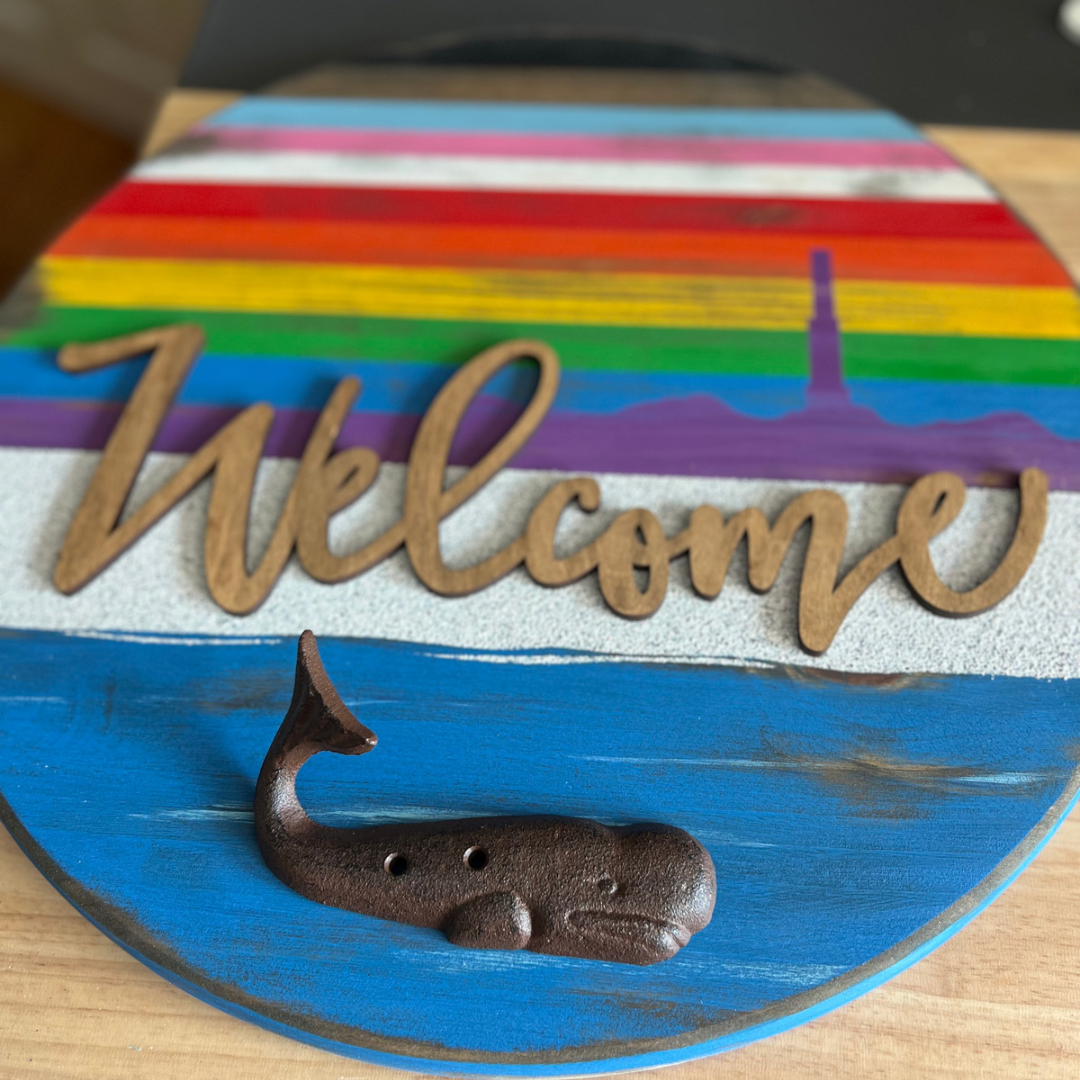 Provincetown Welcome Sign with sand and whale hook, PTown, LGBTQ, Pride, AirBnB